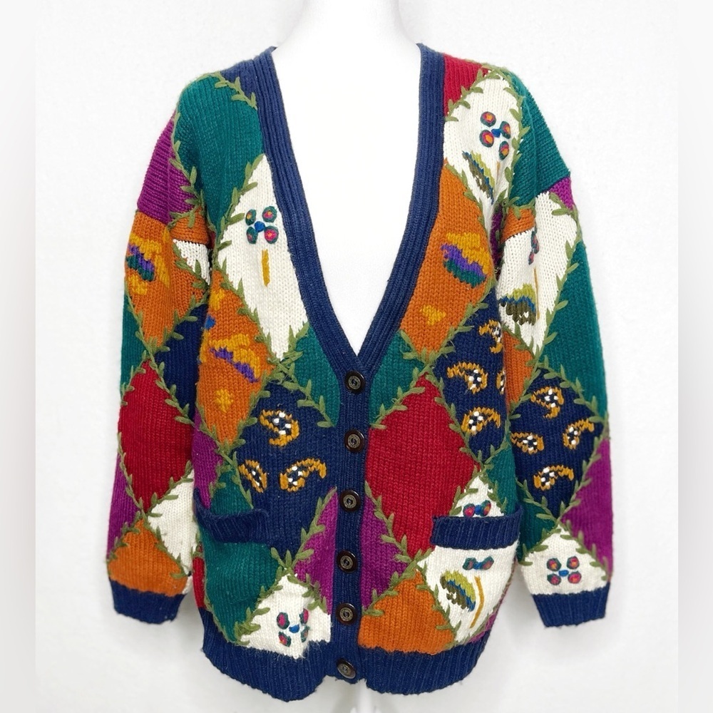 IVY Vintage 90’s Colorful V-Neck Button Front Knit Cardigan Sweater Plants Small